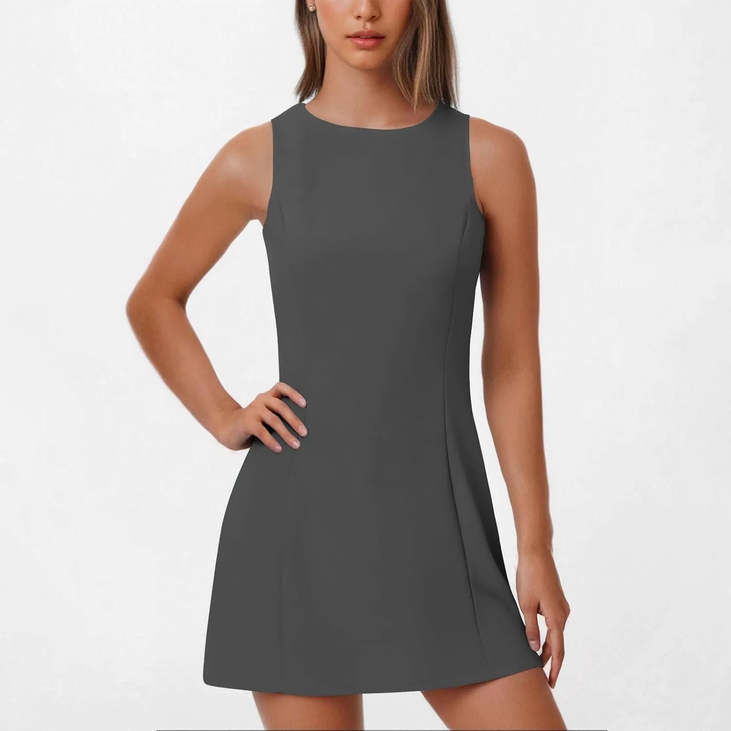 Crew Neck Dresses for Women's Summer Casual Solid Color Sleeveless - Flowy Loose Fit Mini Dress for Lounge