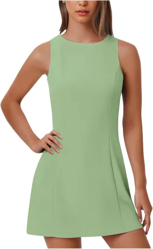 Crew Neck Dresses for Women's Summer Casual Solid Color Sleeveless - Flowy Loose Fit Mini Dress for Lounge