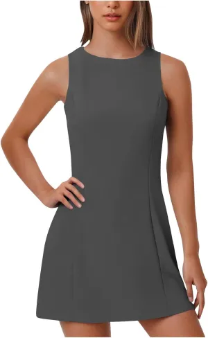 Crew Neck Dresses for Women's Summer Casual Solid Color Sleeveless - Flowy Loose Fit Mini Dress for Lounge