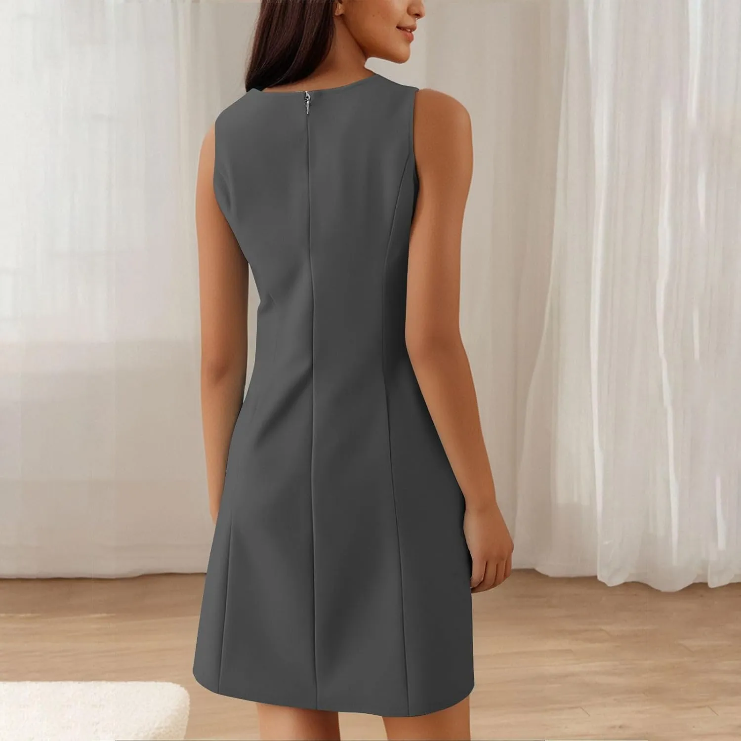 Crew Neck Dresses for Women's Summer Casual Solid Color Sleeveless - Flowy Loose Fit Mini Dress for Lounge