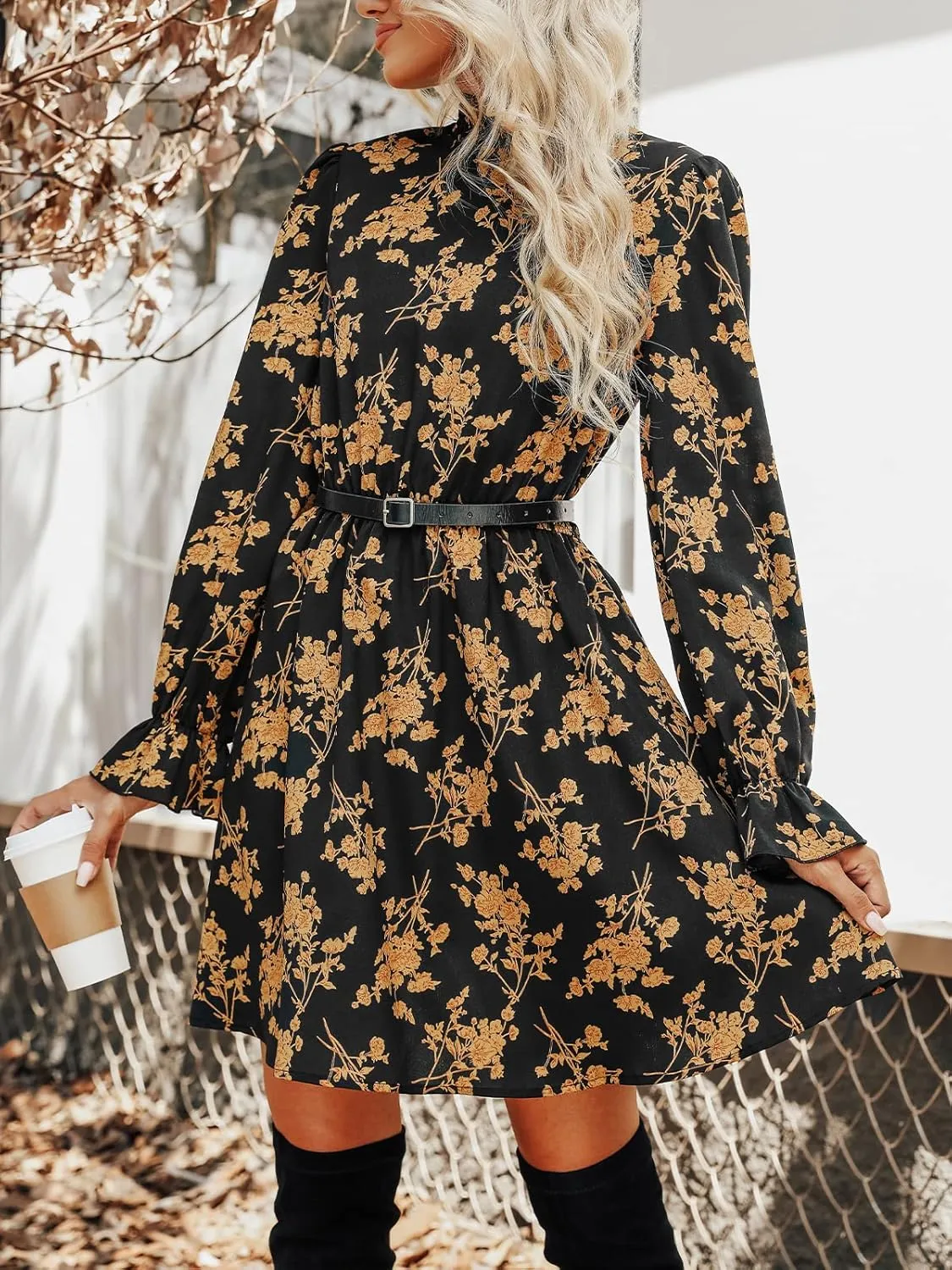 CUPSHE Women's Mock Neck Floral Mini Fall Dress Long Ruffle Sleeve Elastic Waist Smocked Casual Flowying Autumn Dresses