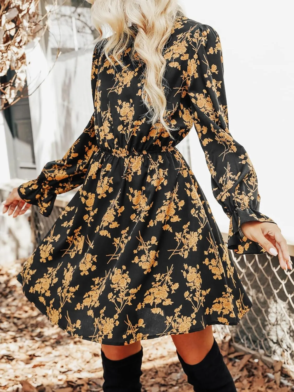 CUPSHE Women's Mock Neck Floral Mini Fall Dress Long Ruffle Sleeve Elastic Waist Smocked Casual Flowying Autumn Dresses