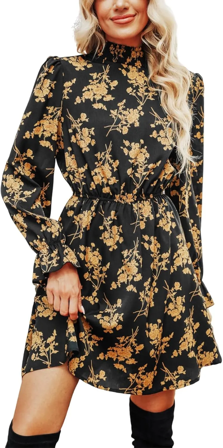 CUPSHE Women's Mock Neck Floral Mini Fall Dress Long Ruffle Sleeve Elastic Waist Smocked Casual Flowying Autumn Dresses