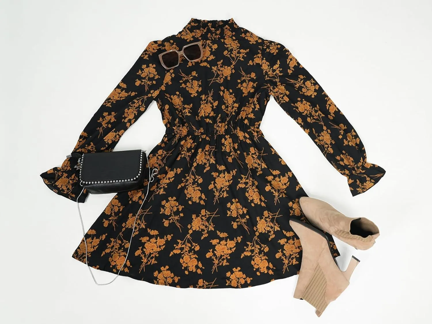 CUPSHE Women's Mock Neck Floral Mini Fall Dress Long Ruffle Sleeve Elastic Waist Smocked Casual Flowying Autumn Dresses