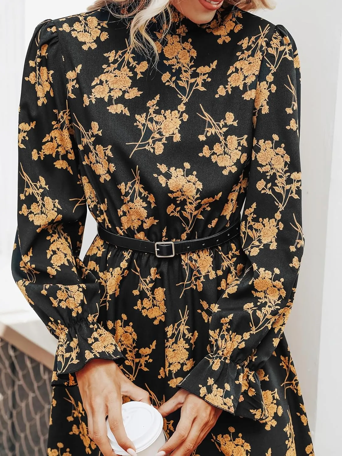 CUPSHE Women's Mock Neck Floral Mini Fall Dress Long Ruffle Sleeve Elastic Waist Smocked Casual Flowying Autumn Dresses