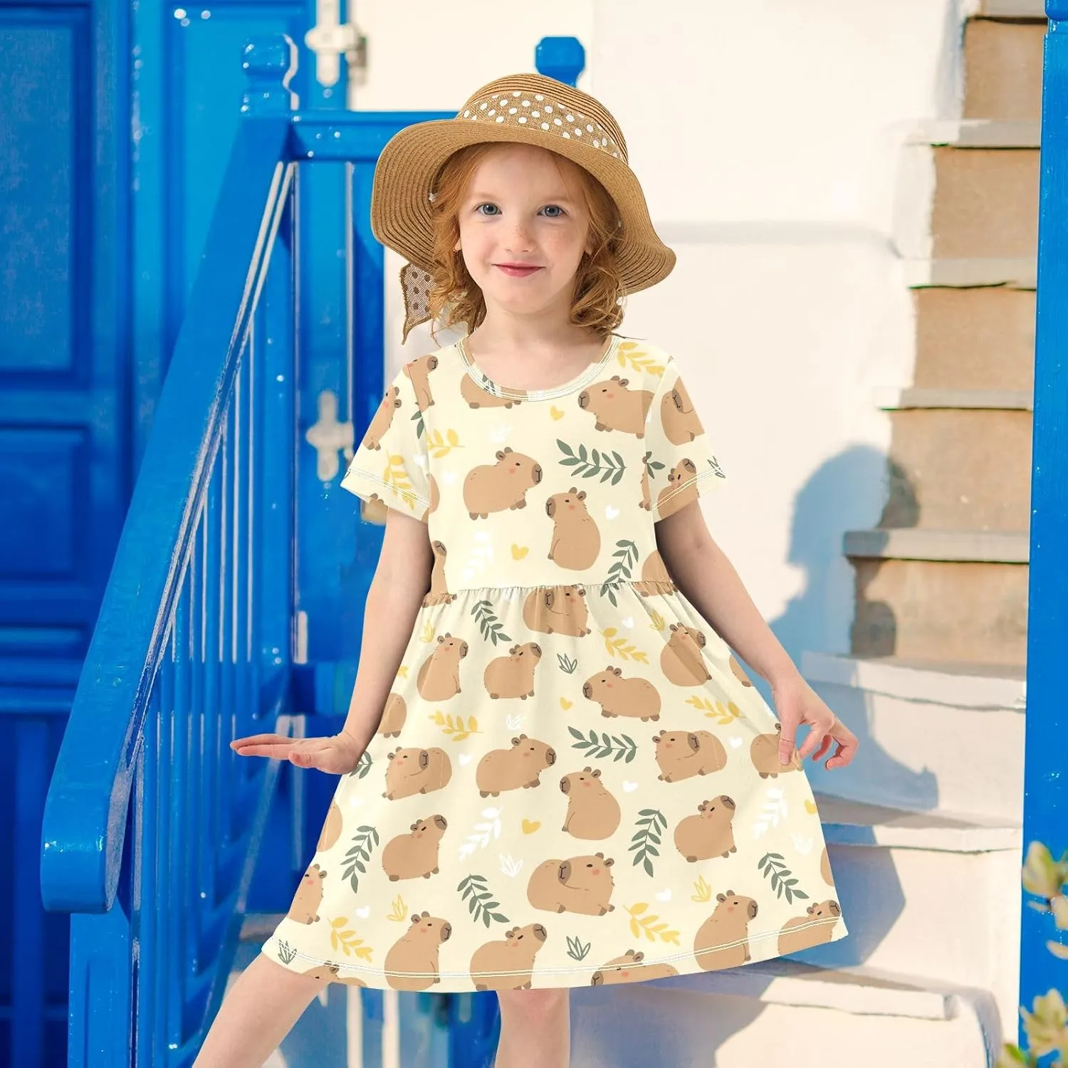 Cute Capybara Simple Flower Pattern Summer Girls Short Sleeve Dress Casual Dresses Beach Sundress for 2-8 Years