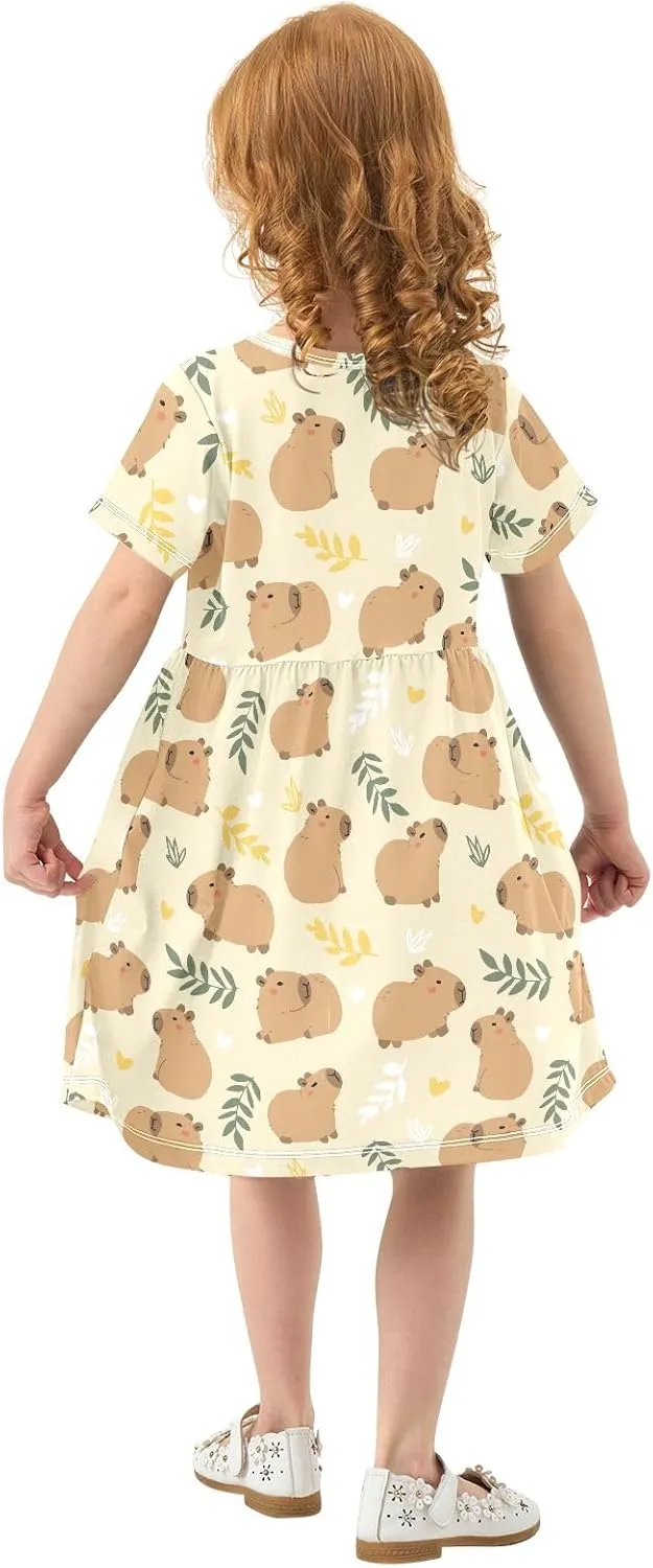 Cute Capybara Simple Flower Pattern Summer Girls Short Sleeve Dress Casual Dresses Beach Sundress for 2-8 Years