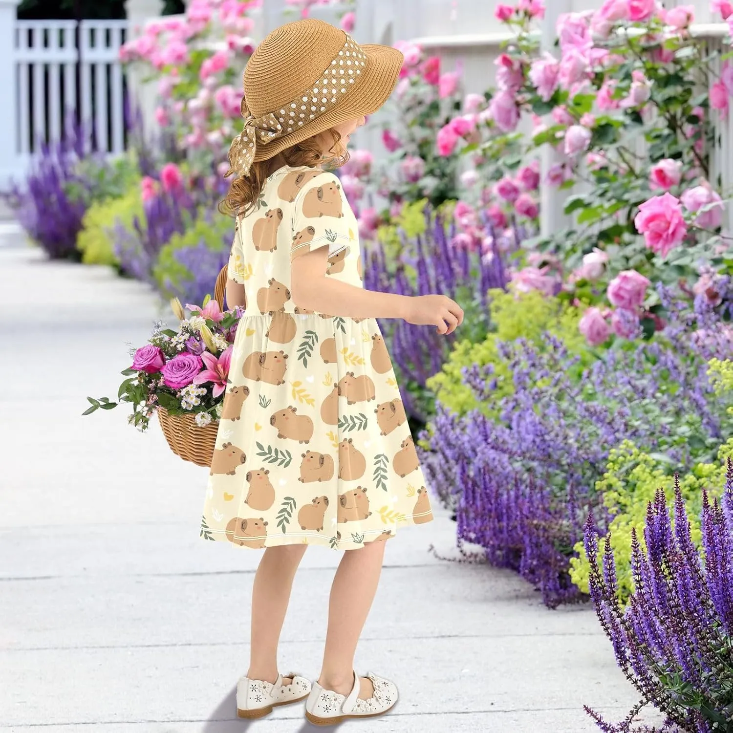 Cute Capybara Simple Flower Pattern Summer Girls Short Sleeve Dress Casual Dresses Beach Sundress for 2-8 Years