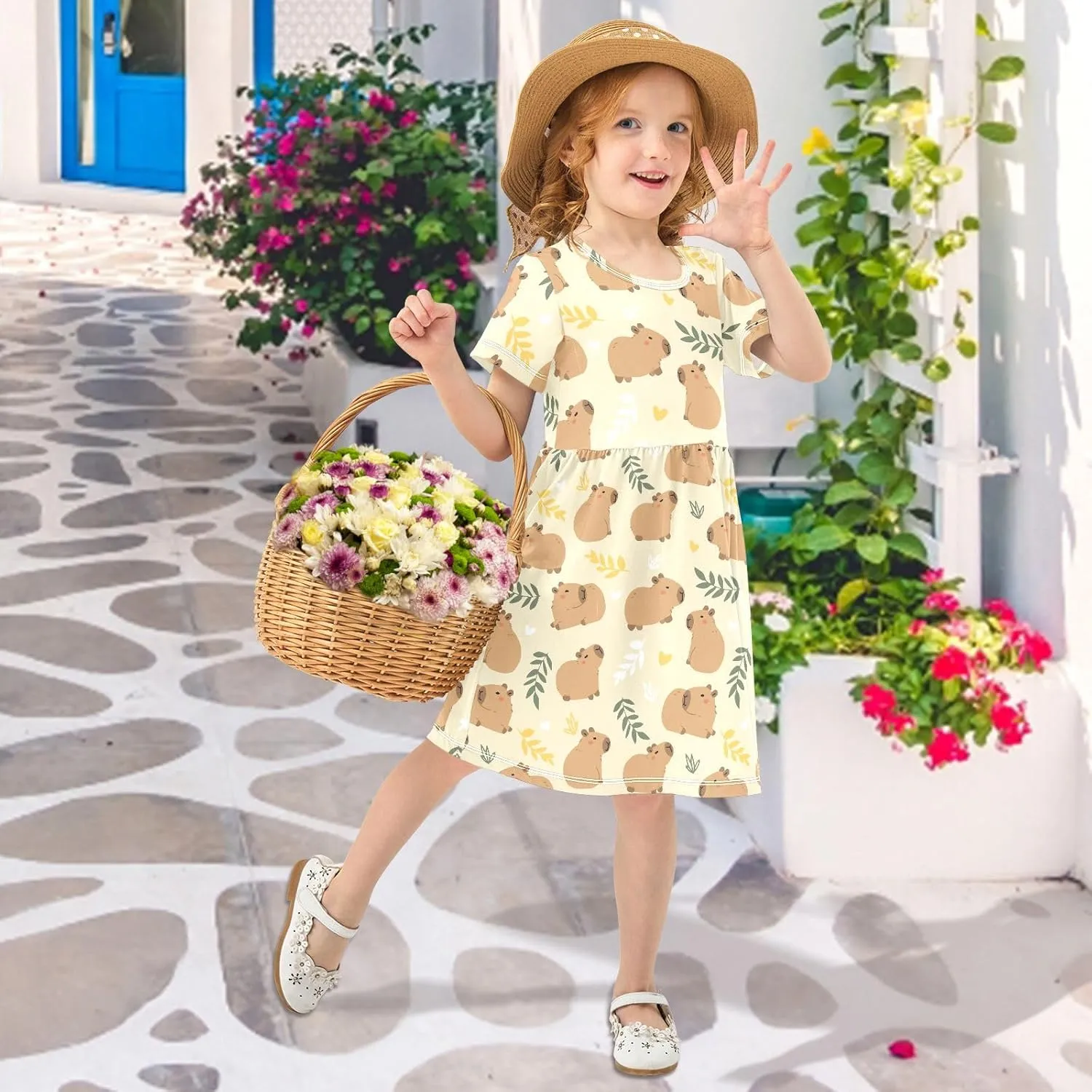 Cute Capybara Simple Flower Pattern Summer Girls Short Sleeve Dress Casual Dresses Beach Sundress for 2-8 Years