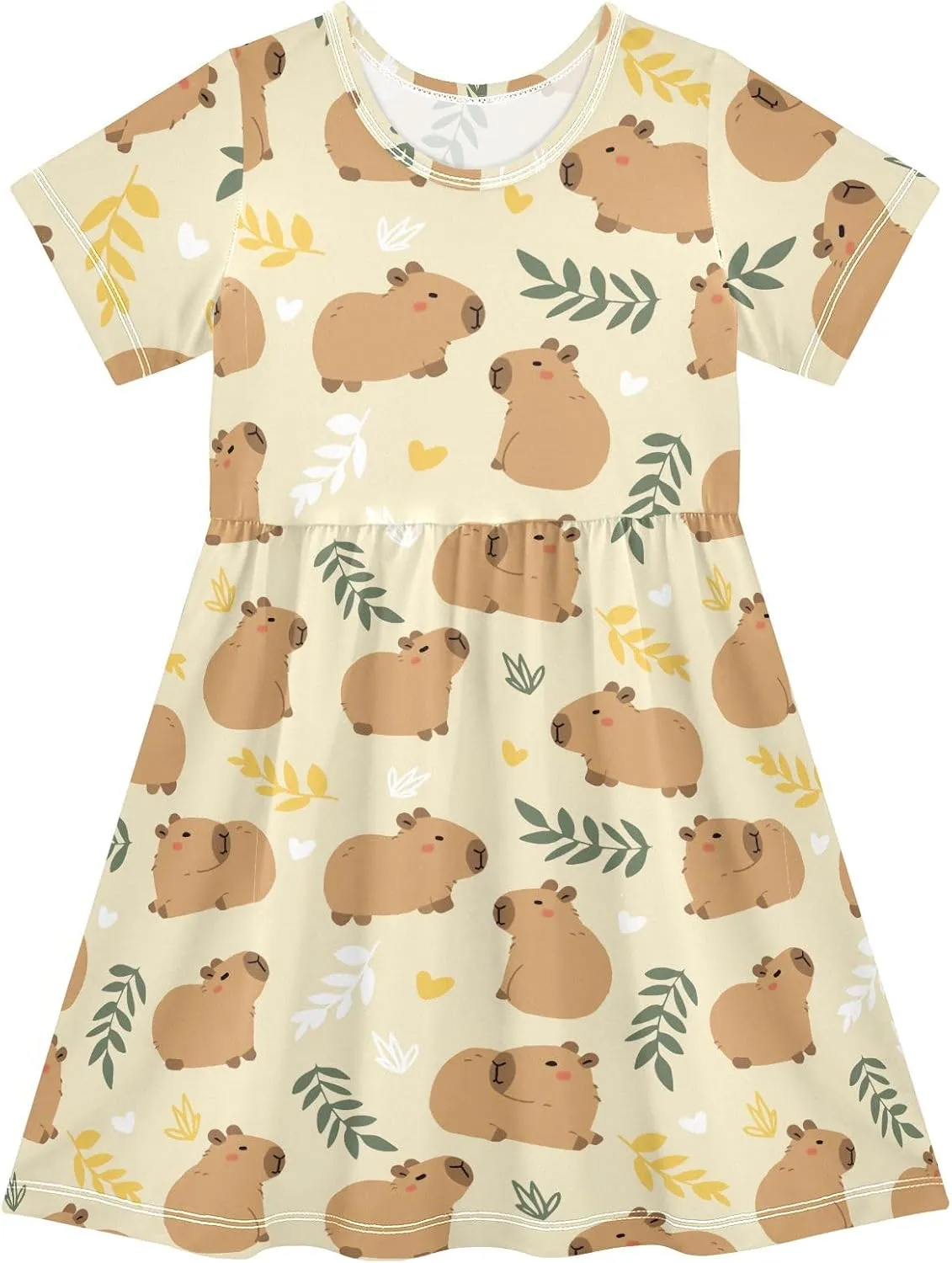 Cute Capybara Simple Flower Pattern Summer Girls Short Sleeve Dress Casual Dresses Beach Sundress for 2-8 Years