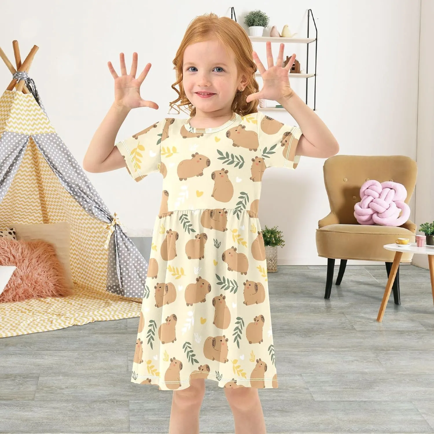 Cute Capybara Simple Flower Pattern Summer Girls Short Sleeve Dress Casual Dresses Beach Sundress for 2-8 Years