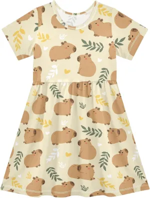 Cute Capybara Simple Flower Pattern Summer Girls Short Sleeve Dress Casual Dresses Beach Sundress for 2-8 Years