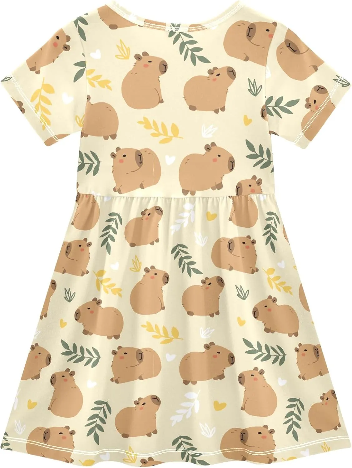 Cute Capybara Simple Flower Pattern Summer Girls Short Sleeve Dress Casual Dresses Beach Sundress for 2-8 Years