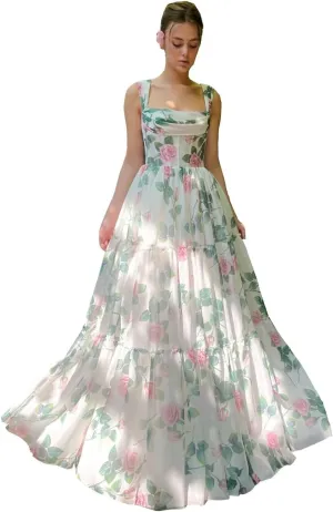 Cute Tulle Floral Print Prom Dress Long Senior Evening Gown for Girls WD109