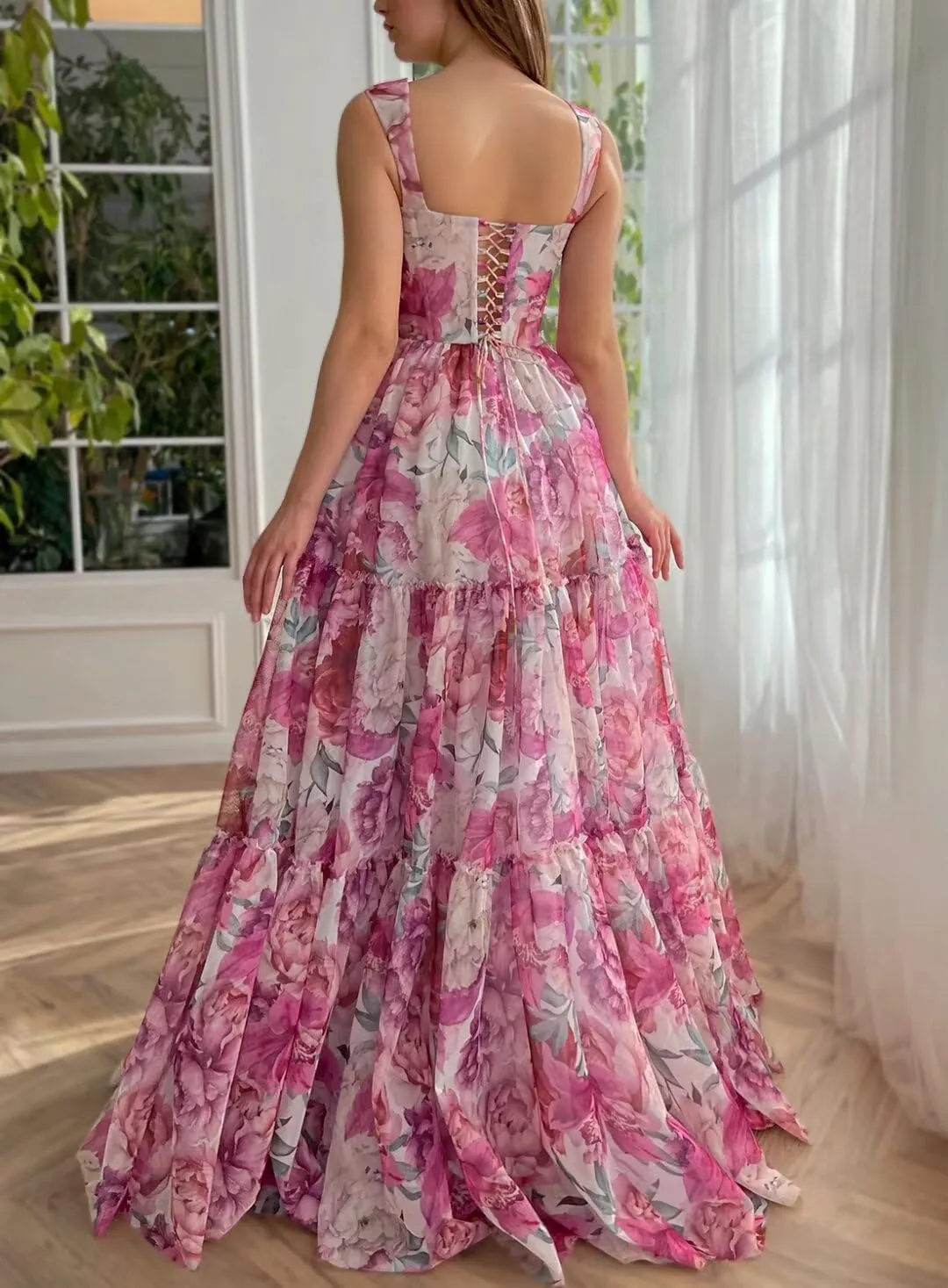 Cute Tulle Floral Print Prom Dress Long Senior Evening Gown for Girls WD109