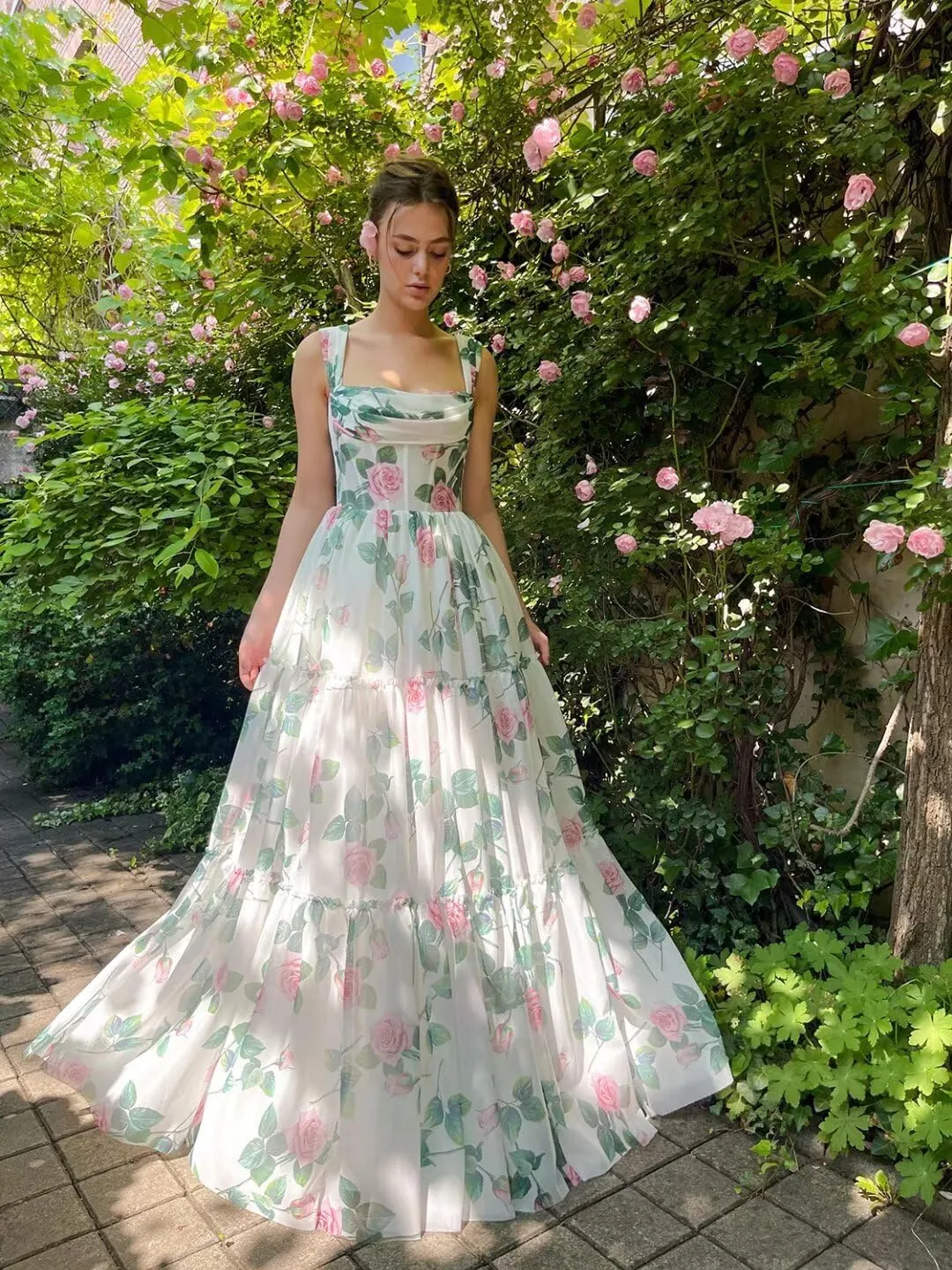 Cute Tulle Floral Print Prom Dress Long Senior Evening Gown for Girls WD109