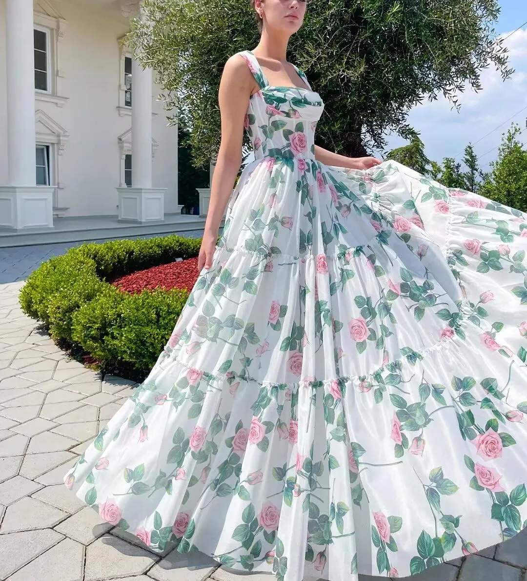 Cute Tulle Floral Print Prom Dress Long Senior Evening Gown for Girls WD109