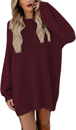 Cutiefox Women's Furry Oversized Crew Neck Pullover Sweater Mini Dress