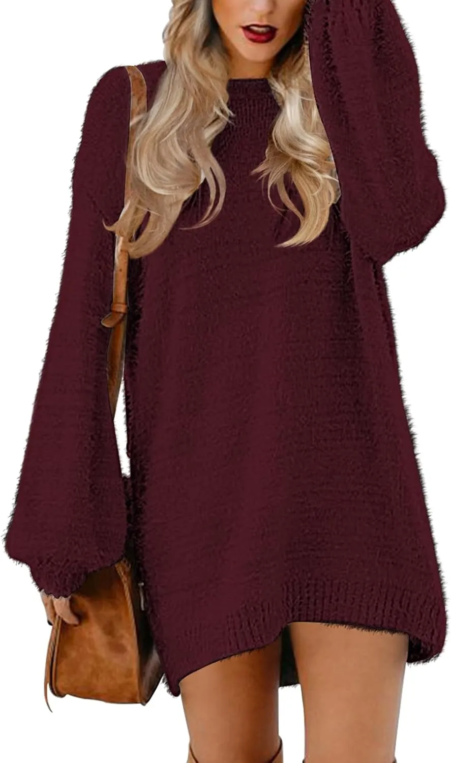 Cutiefox Women's Furry Oversized Crew Neck Pullover Sweater Mini Dress