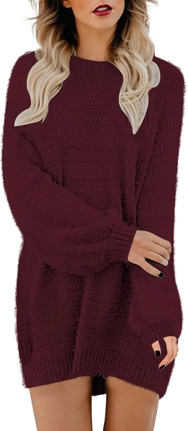 Cutiefox Women's Furry Oversized Crew Neck Pullover Sweater Mini Dress