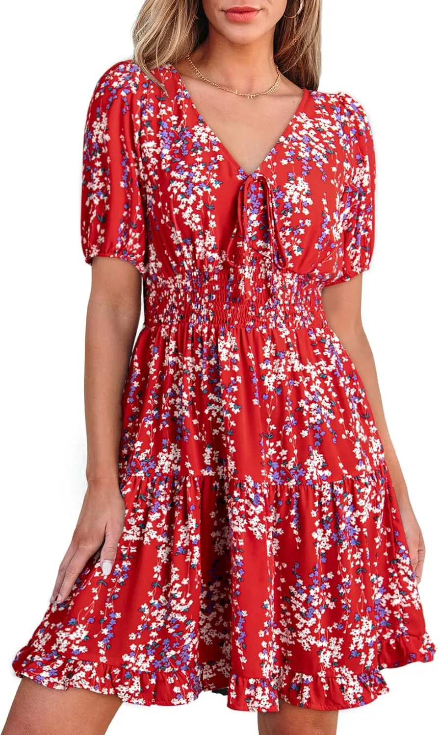 Dokotoo Womens Dresses 2025 Deep V Neck Lantern Sleeve Summer Dresses Shirred Elastic Waist A-Line Mini Dress