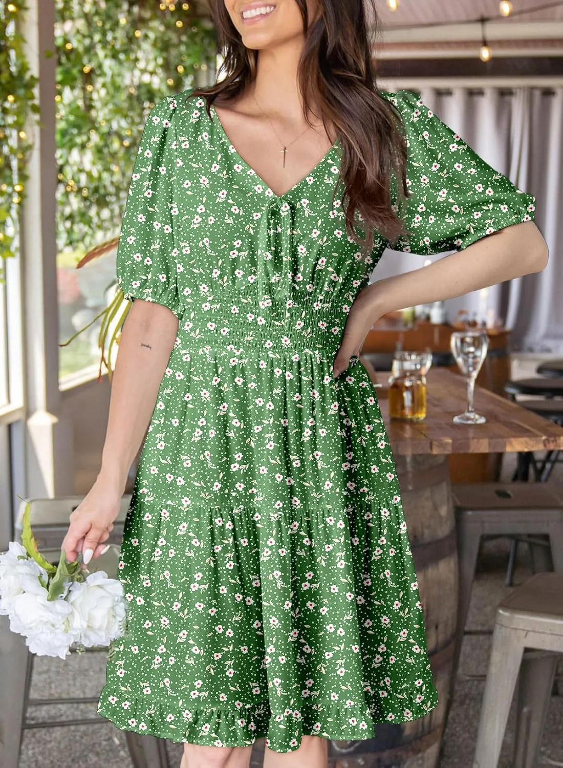 Dokotoo Womens Dresses 2025 Deep V Neck Lantern Sleeve Summer Dresses Shirred Elastic Waist A-Line Mini Dress