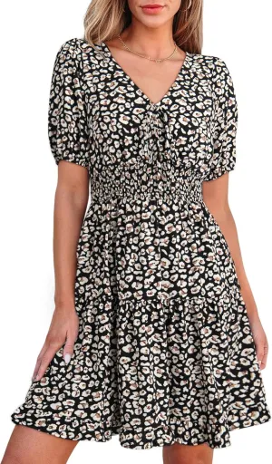 Dokotoo Womens Dresses 2025 Deep V Neck Lantern Sleeve Summer Dresses Shirred Elastic Waist A-Line Mini Dress