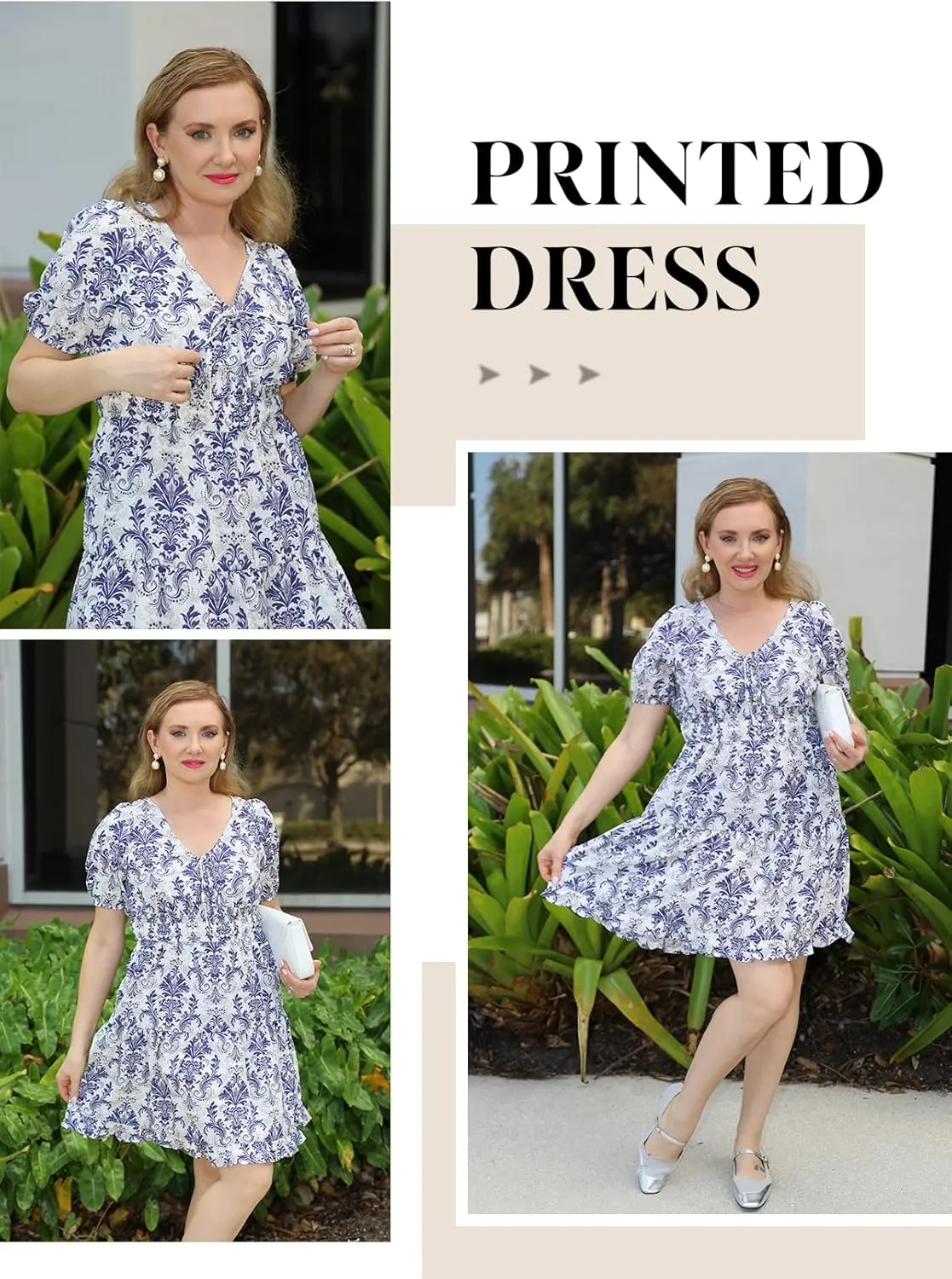 Dokotoo Womens Dresses 2025 Deep V Neck Lantern Sleeve Summer Dresses Shirred Elastic Waist A-Line Mini Dress