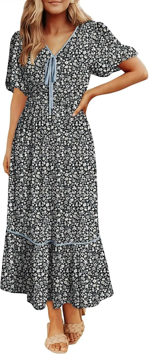 Dokotoo Womens Dresses V Neck Empire Waist Dress Summer Spring Short Sleeve Elegant Flowy Long Floral Maxi Dress