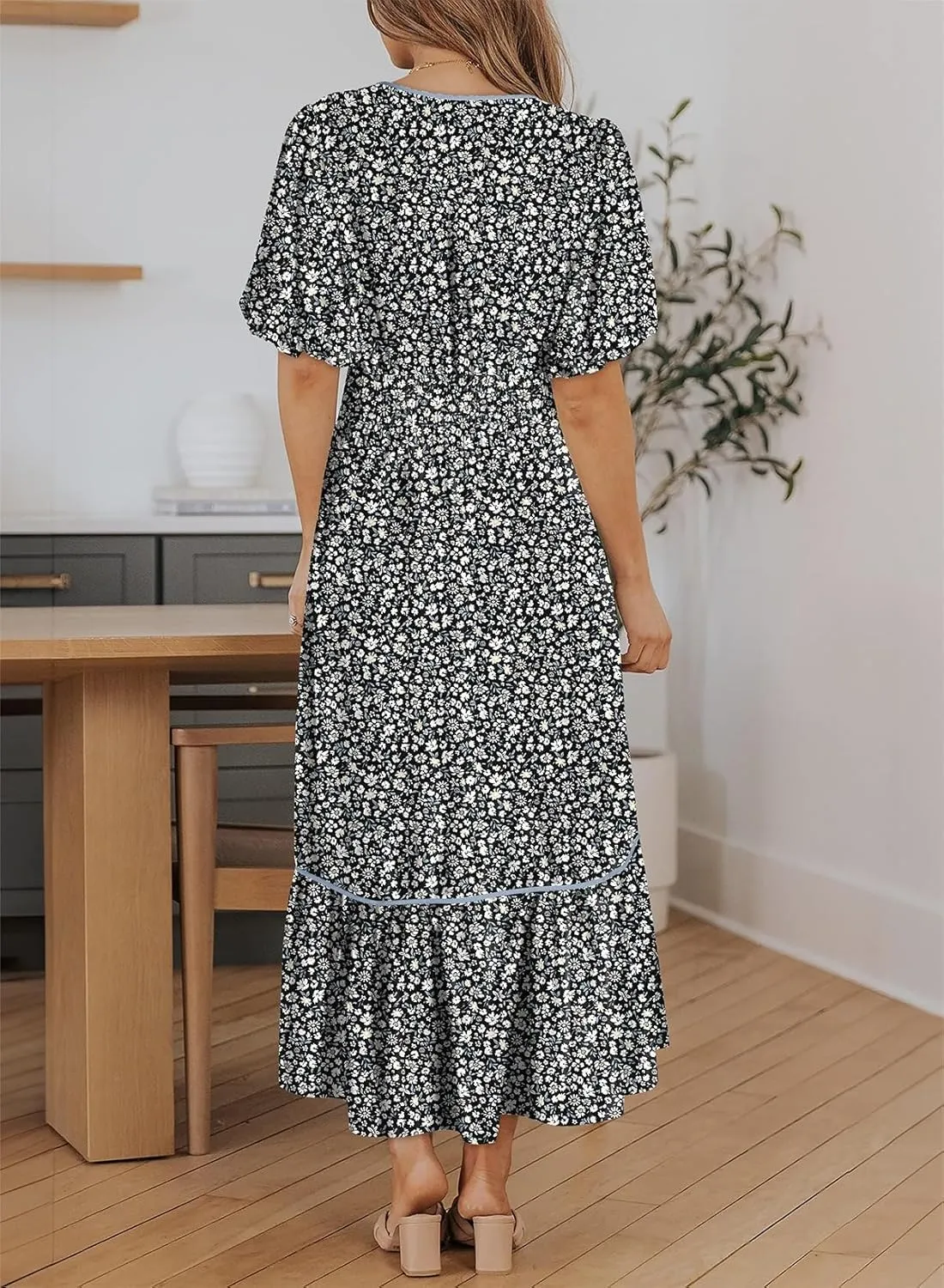 Dokotoo Womens Dresses V Neck Empire Waist Dress Summer Spring Short Sleeve Elegant Flowy Long Floral Maxi Dress