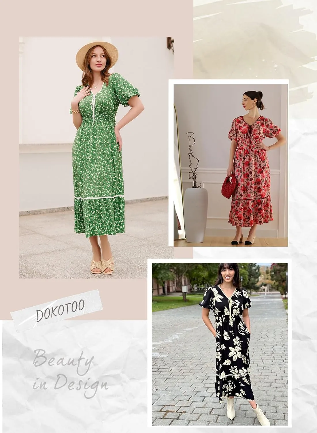 Dokotoo Womens Dresses V Neck Empire Waist Dress Summer Spring Short Sleeve Elegant Flowy Long Floral Maxi Dress