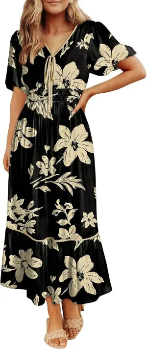 Dokotoo Womens Dresses V Neck Empire Waist Dress Summer Spring Short Sleeve Elegant Flowy Long Floral Maxi Dress