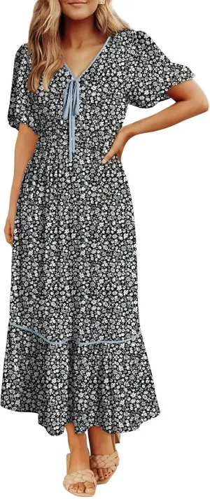 Dokotoo Womens Dresses V Neck Empire Waist Dress Summer Spring Short Sleeve Elegant Flowy Long Floral Maxi Dress