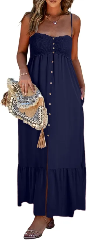 Dokotoo Womens Summer Dresses 2025 Sleeveless Spaghetti Strap Button Down Smocked Beach Vacation Long Maxi Dress with Pockets