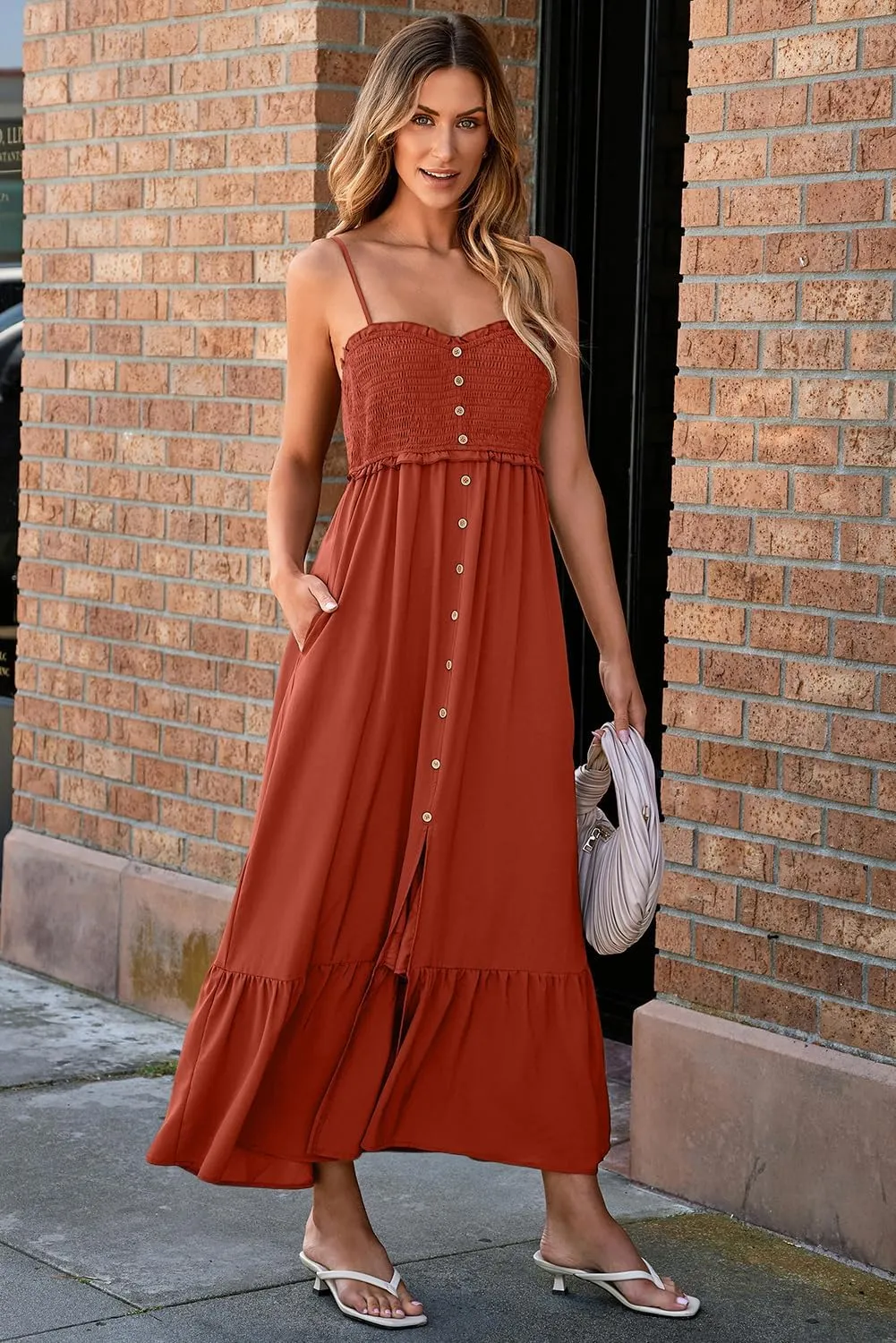 Dokotoo Womens Summer Dresses 2025 Sleeveless Spaghetti Strap Button Down Smocked Beach Vacation Long Maxi Dress with Pockets