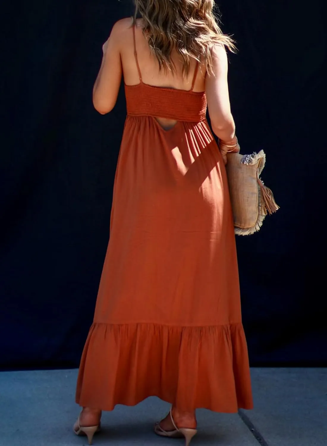 Dokotoo Womens Summer Dresses 2025 Sleeveless Spaghetti Strap Button Down Smocked Beach Vacation Long Maxi Dress with Pockets