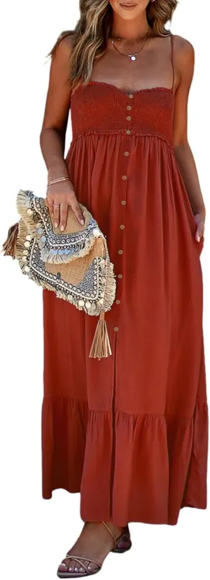 Dokotoo Womens Summer Dresses 2025 Sleeveless Spaghetti Strap Button Down Smocked Beach Vacation Long Maxi Dress with Pockets