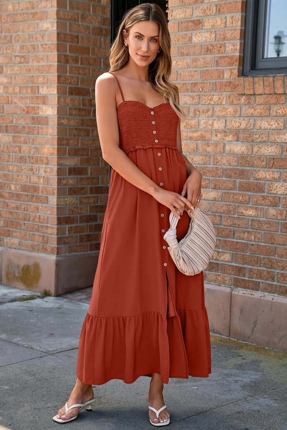 Dokotoo Womens Summer Dresses 2025 Sleeveless Spaghetti Strap Button Down Smocked Beach Vacation Long Maxi Dress with Pockets