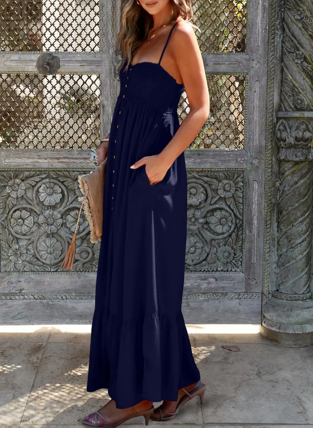 Dokotoo Womens Summer Dresses 2025 Sleeveless Spaghetti Strap Button Down Smocked Beach Vacation Long Maxi Dress with Pockets