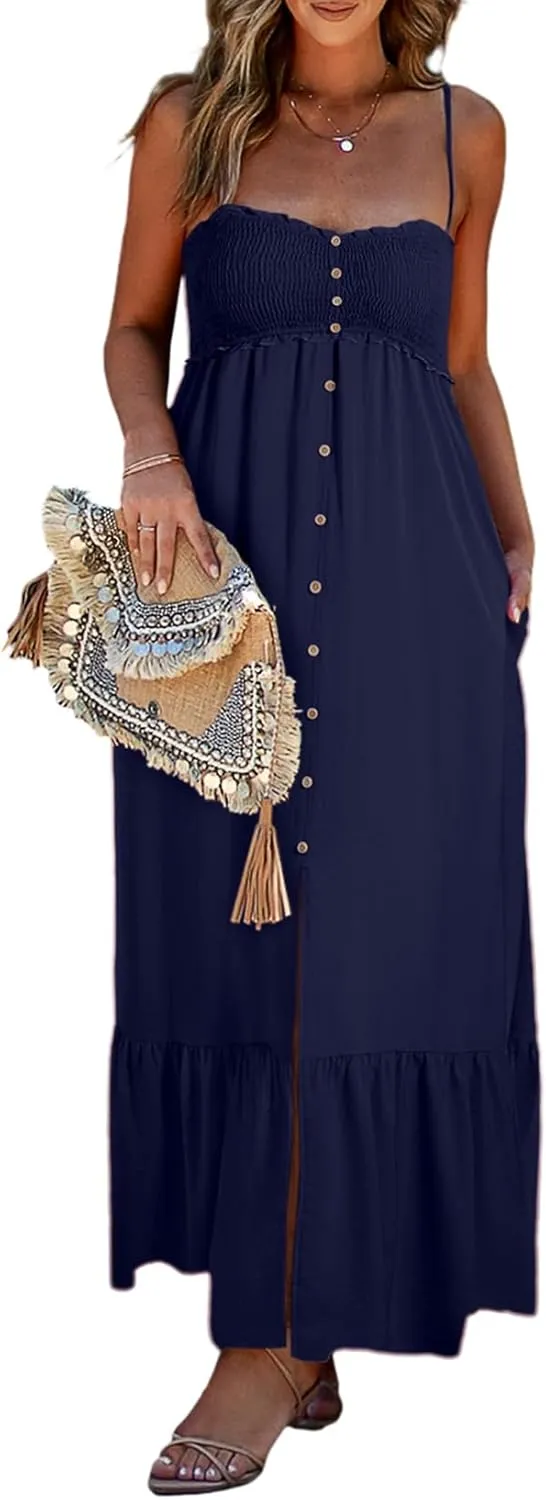 Dokotoo Womens Summer Dresses 2025 Sleeveless Spaghetti Strap Button Down Smocked Beach Vacation Long Maxi Dress with Pockets
