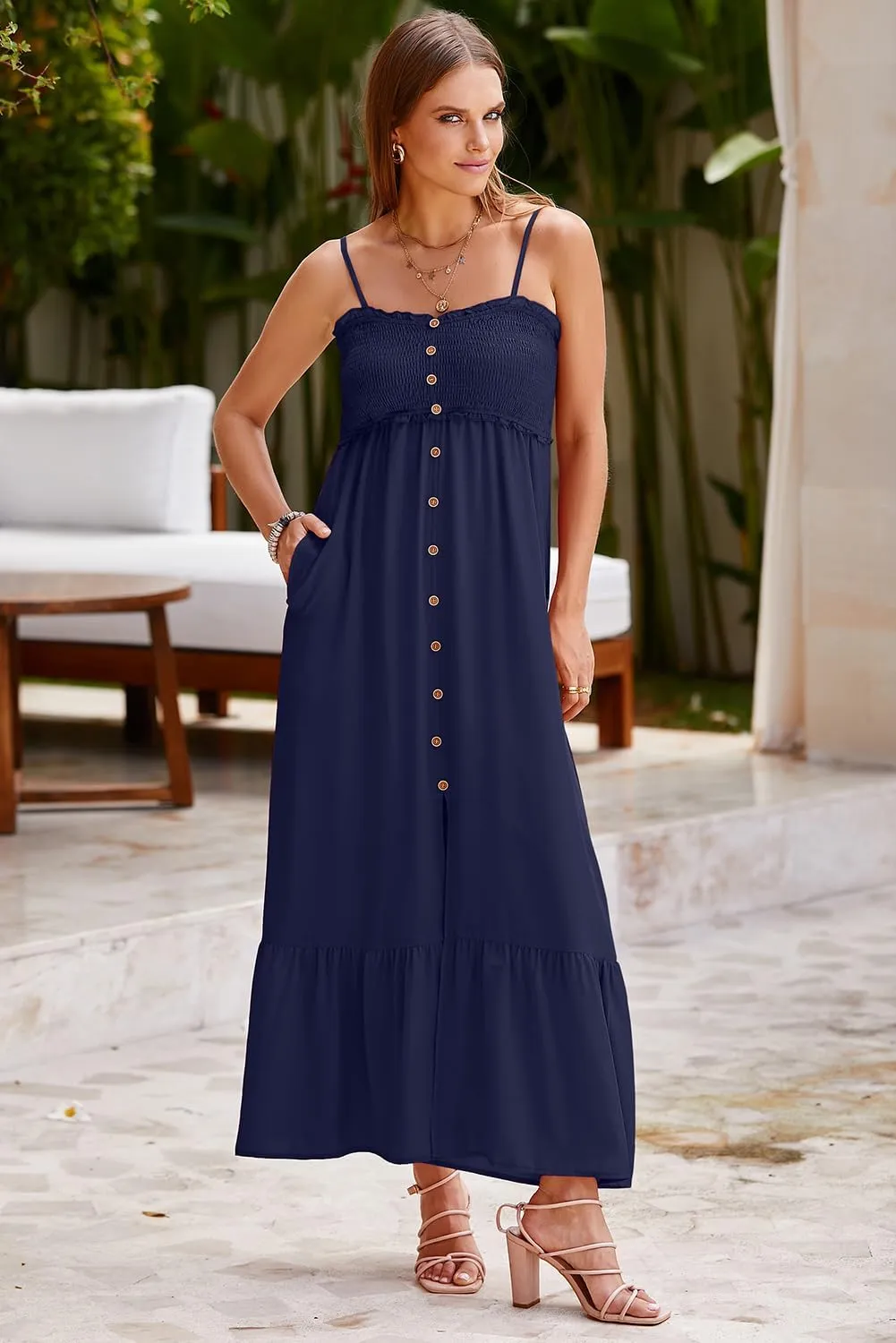 Dokotoo Womens Summer Dresses 2025 Sleeveless Spaghetti Strap Button Down Smocked Beach Vacation Long Maxi Dress with Pockets