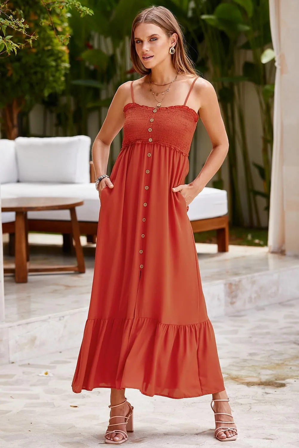 Dokotoo Womens Summer Dresses 2025 Sleeveless Spaghetti Strap Button Down Smocked Beach Vacation Long Maxi Dress with Pockets