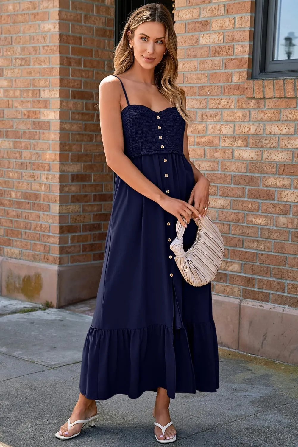 Dokotoo Womens Summer Dresses 2025 Sleeveless Spaghetti Strap Button Down Smocked Beach Vacation Long Maxi Dress with Pockets