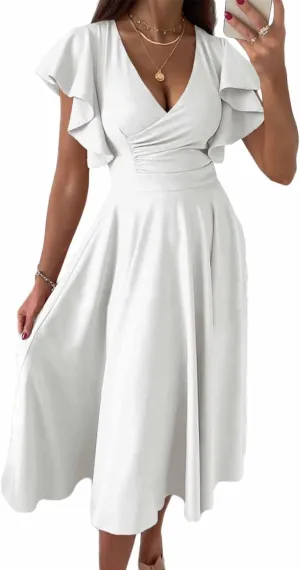 Dokotoo Women's V Neck Elegant Party Dress Short Sleeve Skater Dress Wedding Guest Dresses