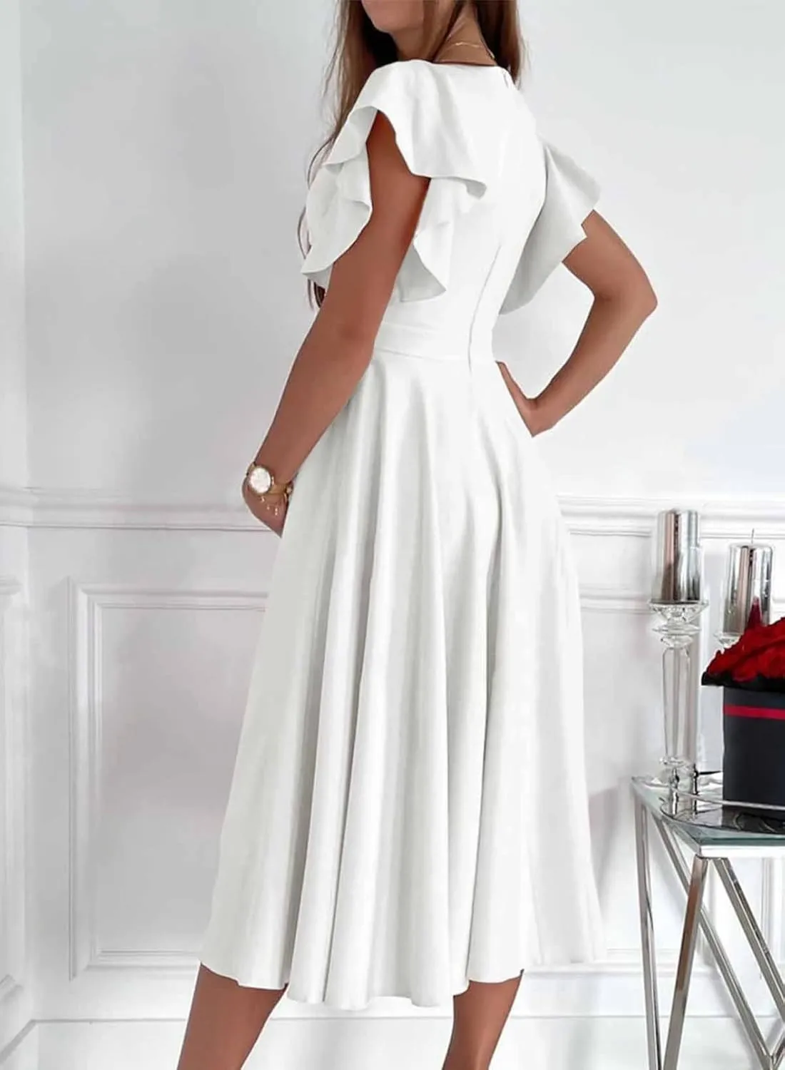 Dokotoo Women's V Neck Elegant Party Dress Short Sleeve Skater Dress Wedding Guest Dresses