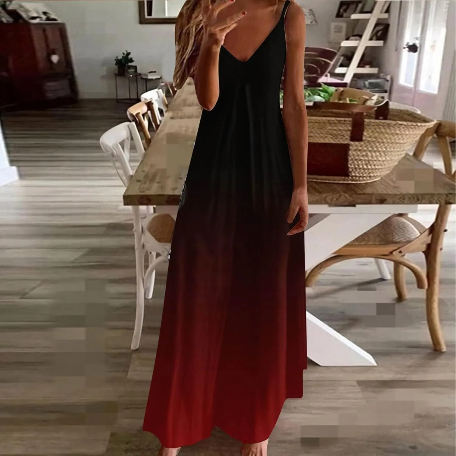 Dresses for Women 2025 Fashion Sleeveless Spaghetti Strap Maxi Dress Causal V Neck Gradient Color Summer Sundress