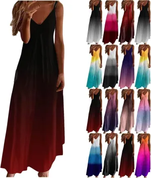 Dresses for Women 2025 Fashion Sleeveless Spaghetti Strap Maxi Dress Causal V Neck Gradient Color Summer Sundress