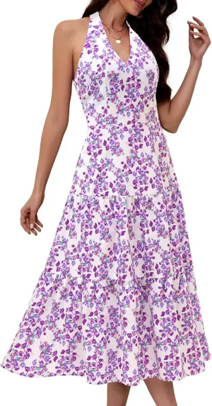 DRESSTELLS Women's Summer Floral Dresses Maxi Boho Casual Halter Neck Spring Vintage Flowy Beach Long Sundress