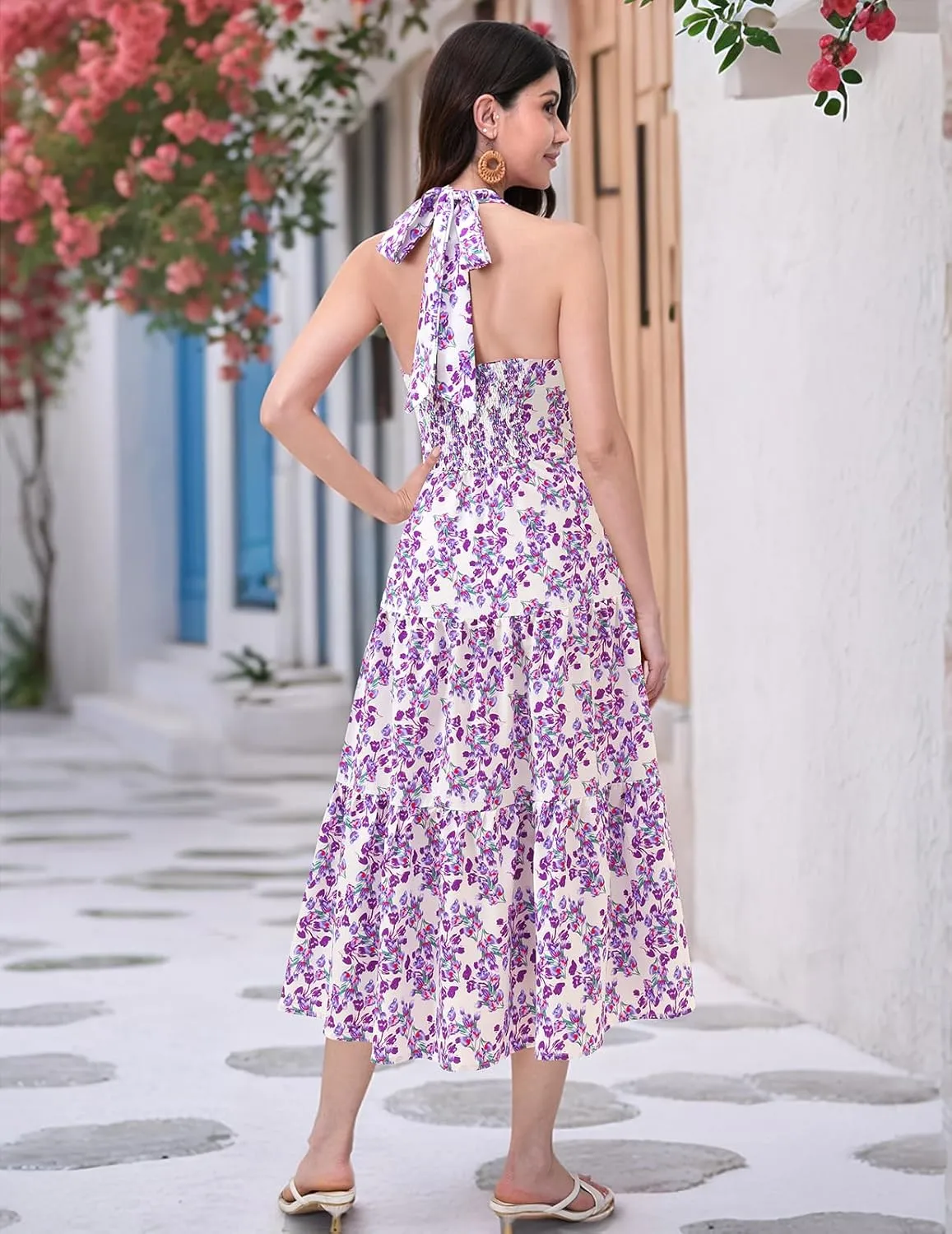 DRESSTELLS Women's Summer Floral Dresses Maxi Boho Casual Halter Neck Spring Vintage Flowy Beach Long Sundress