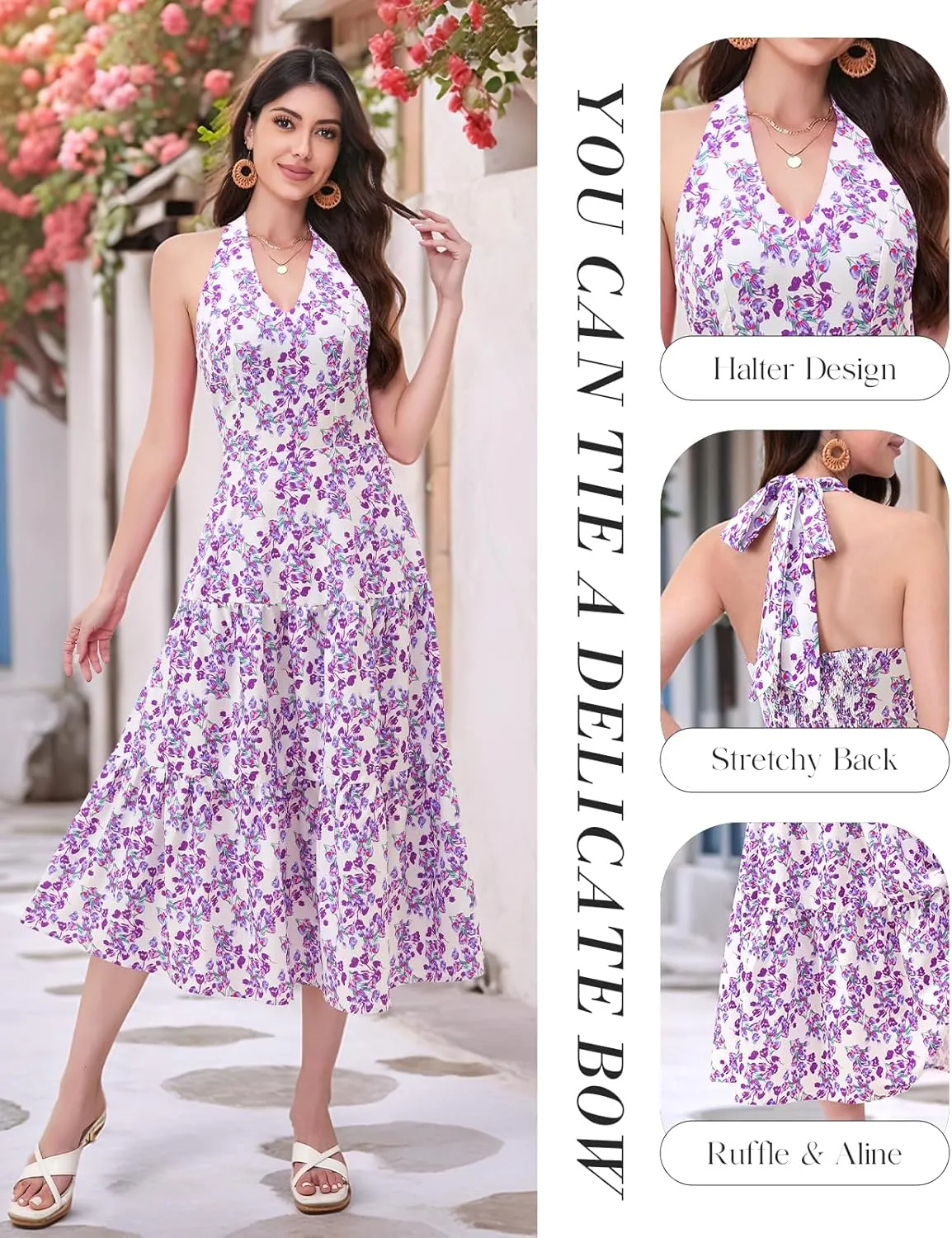DRESSTELLS Women's Summer Floral Dresses Maxi Boho Casual Halter Neck Spring Vintage Flowy Beach Long Sundress